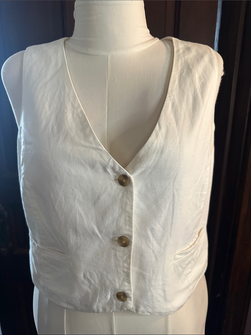 GAP White Linen Fully Lined Button-Front Women's Vest